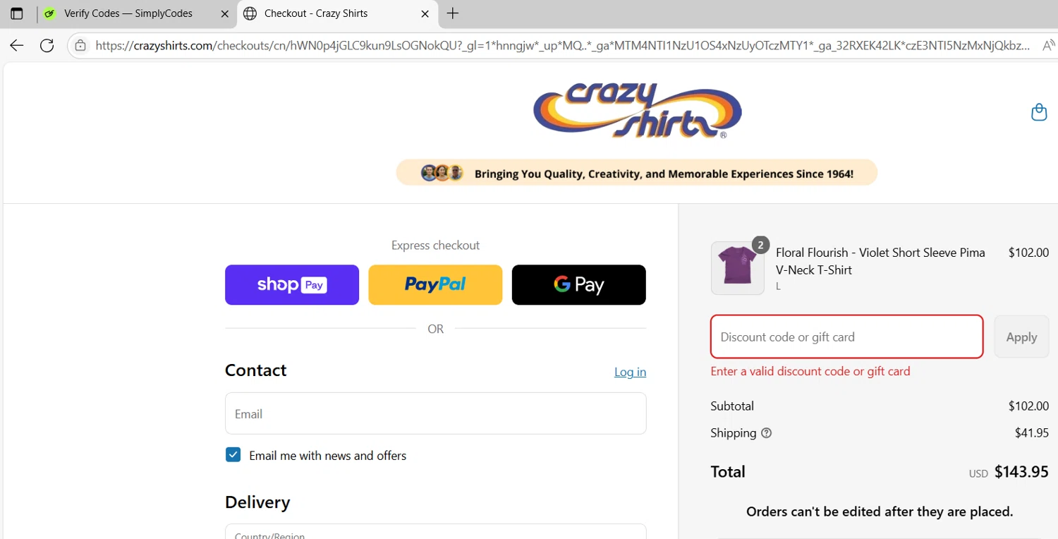 Crazy Shirts promo code screenshot showing code VIP applied at Crazy Shirts checkout page. Uploaded by SimplyCodes community member RoyalNavigator1011 on Jul 20, 2025