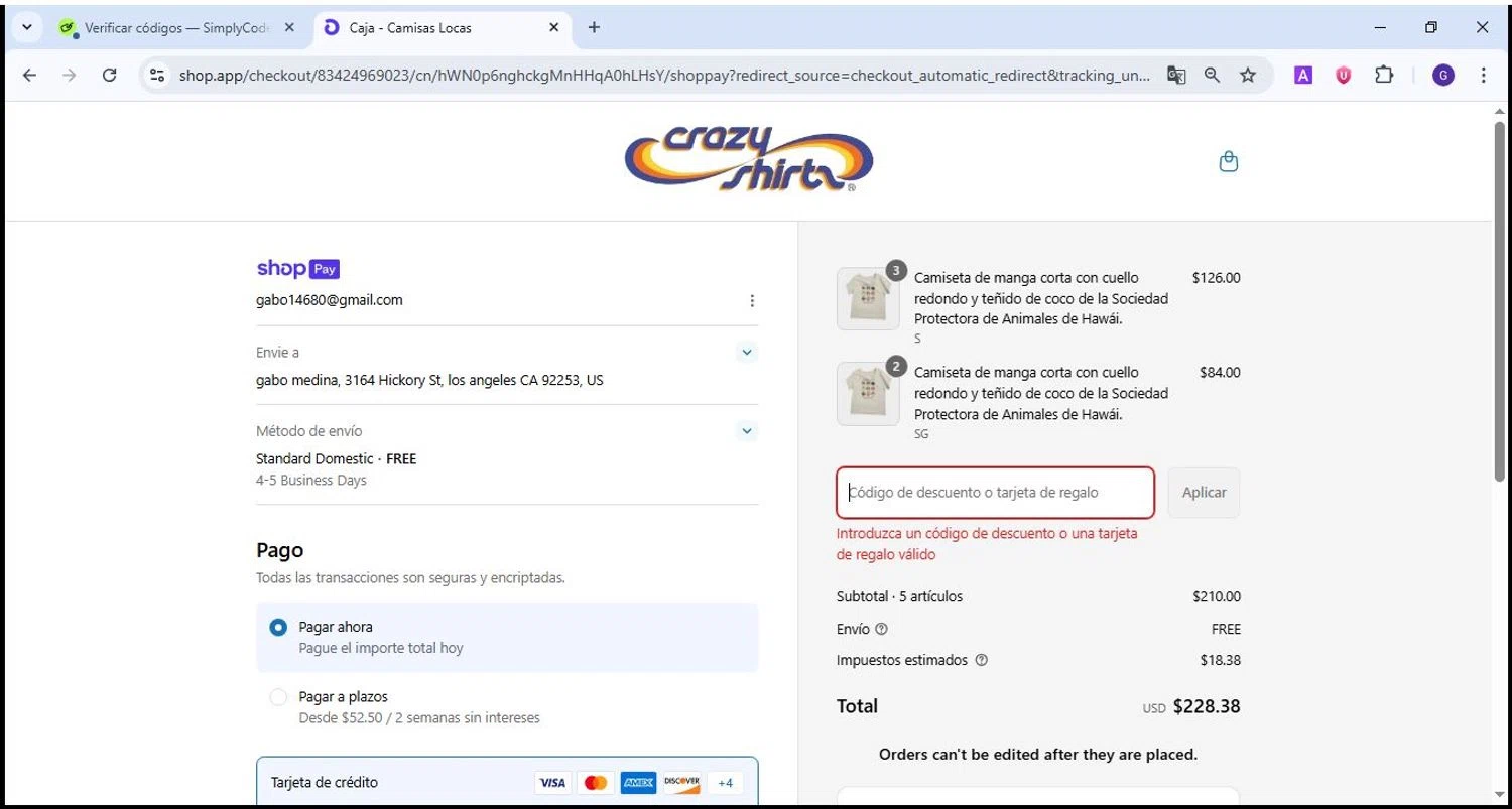 Crazy Shirts promo code screenshot showing code VIP applied at Crazy Shirts checkout page. Uploaded by SimplyCodes community member Theking on Jul 20, 2025