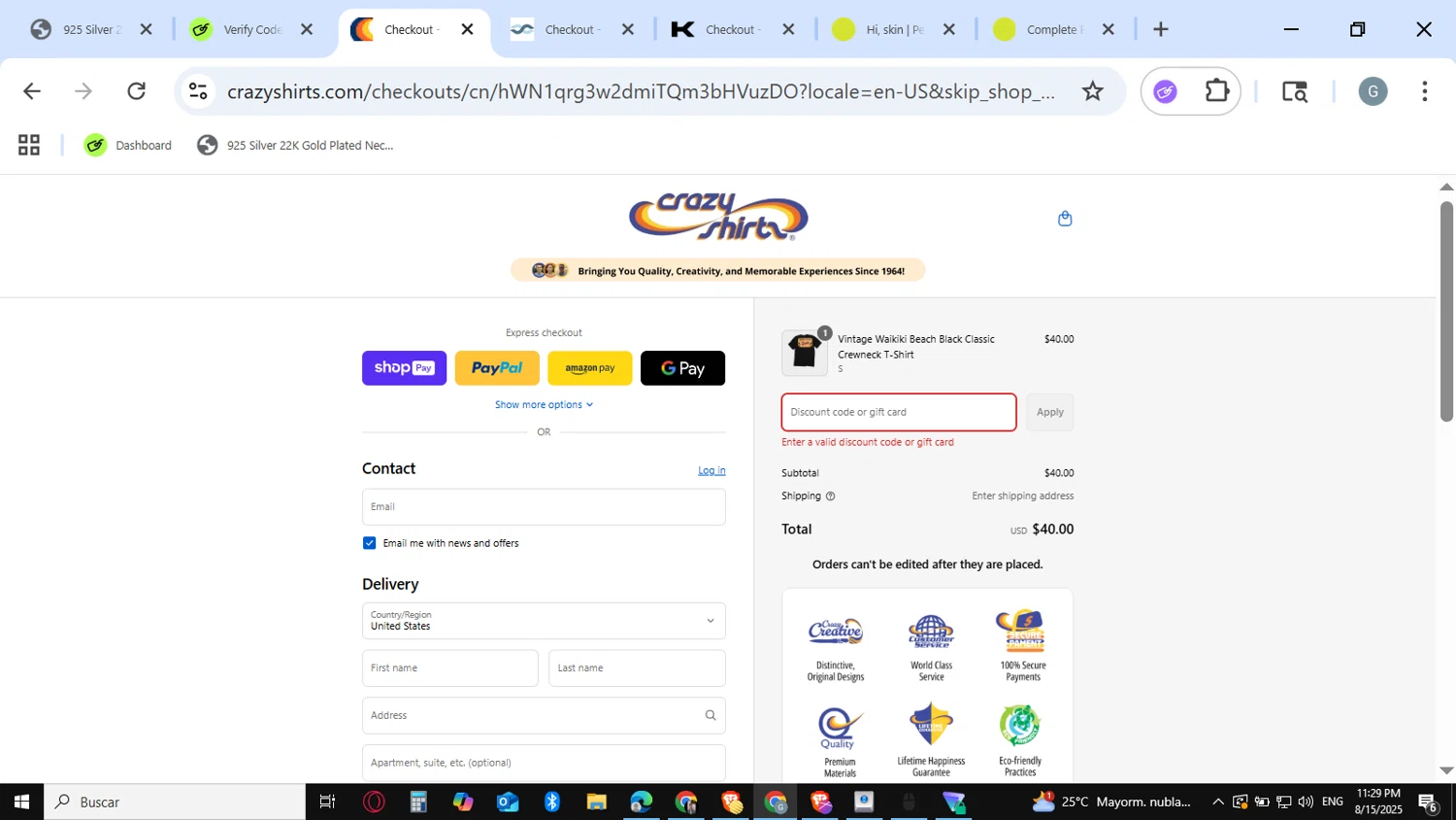 Crazy Shirts promo code screenshot showing code VIP applied at Crazy Shirts checkout page. Uploaded by SimplyCodes community member guest_623525963 on Aug 16, 2025