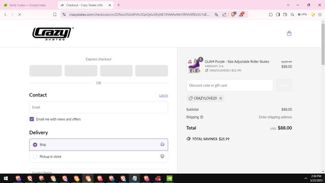 Crazy Skates checkout page showing Crazy Skates discount code box | Screenshot taken by SimplyCodes community member on Mar 23, 2025