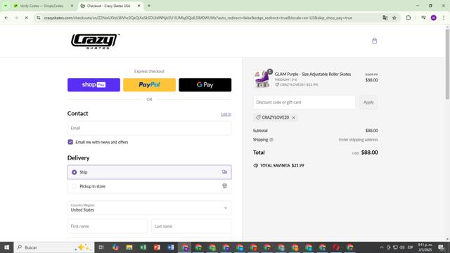 Crazy Skates checkout page showing Crazy Skates discount code box | Screenshot taken by SimplyCodes community member on Mar 3, 2025