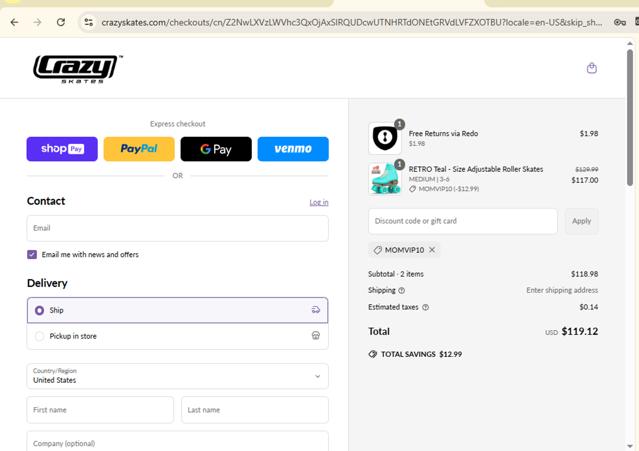Crazy Skates checkout page showing Crazy Skates discount code box | Screenshot taken by SimplyCodes community member on May 8, 2025