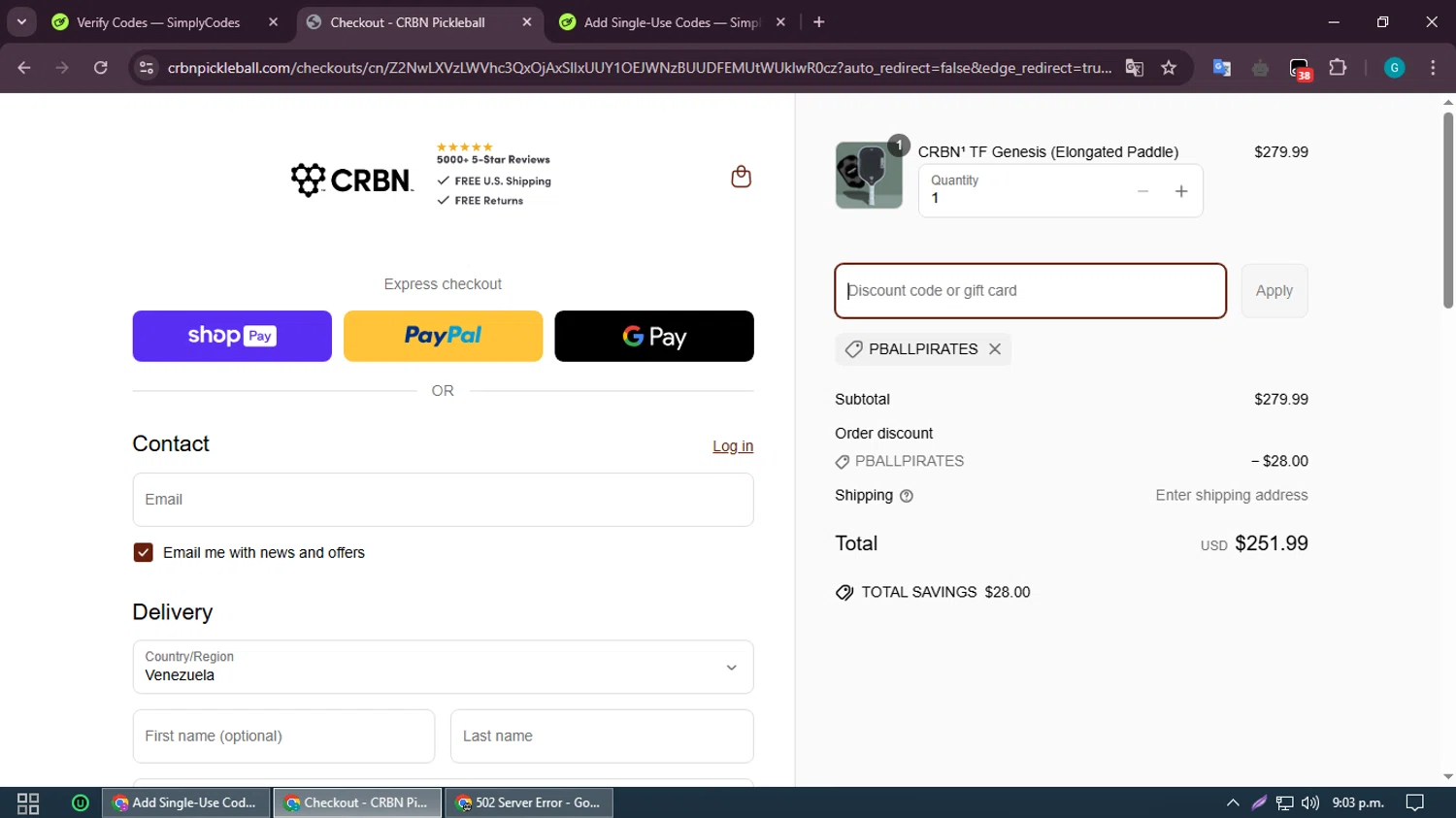 CRBN Pickleball discount code screenshot showing code PBALLPIRATES applied at CRBN Pickleball checkout page. Uploaded by SimplyCodes community member PromoMonarch5278 on Apr 5, 2025