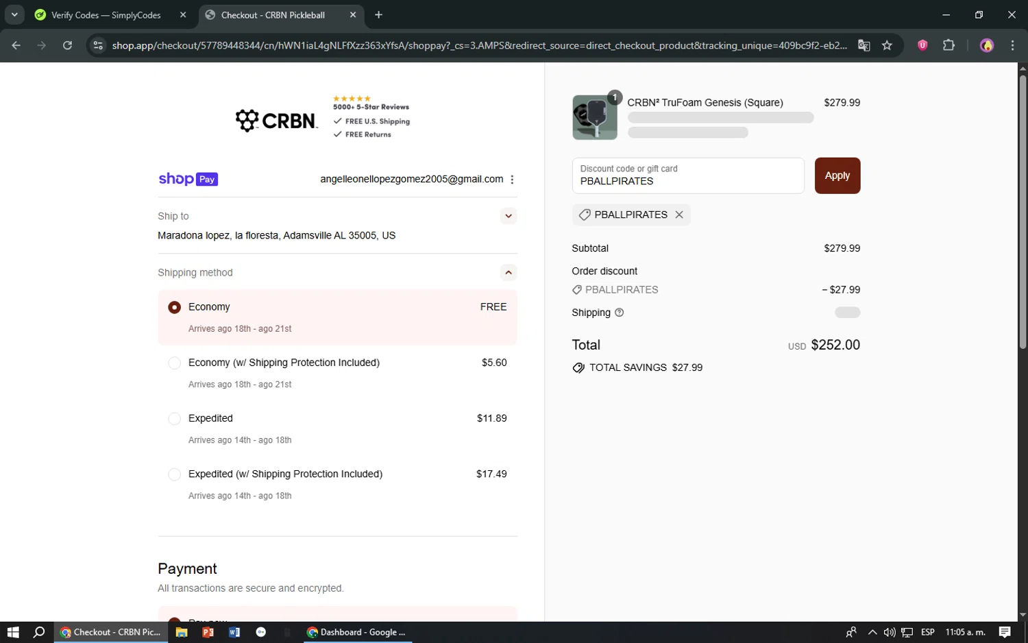 CRBN Pickleball discount code screenshot showing code PBALLPIRATES applied at CRBN Pickleball checkout page. Uploaded by SimplyCodes community member TreasureShopper9156 on Aug 12, 2025