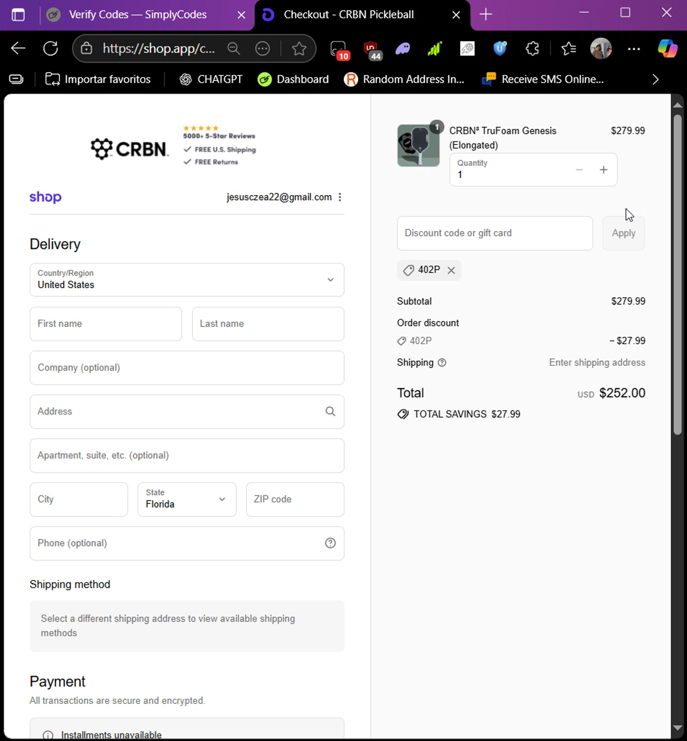 CRBN Pickleball discount code screenshot showing code 402P applied at CRBN Pickleball checkout page. Uploaded by SimplyCodes community member Raibelys_18 on Sep 8, 2025