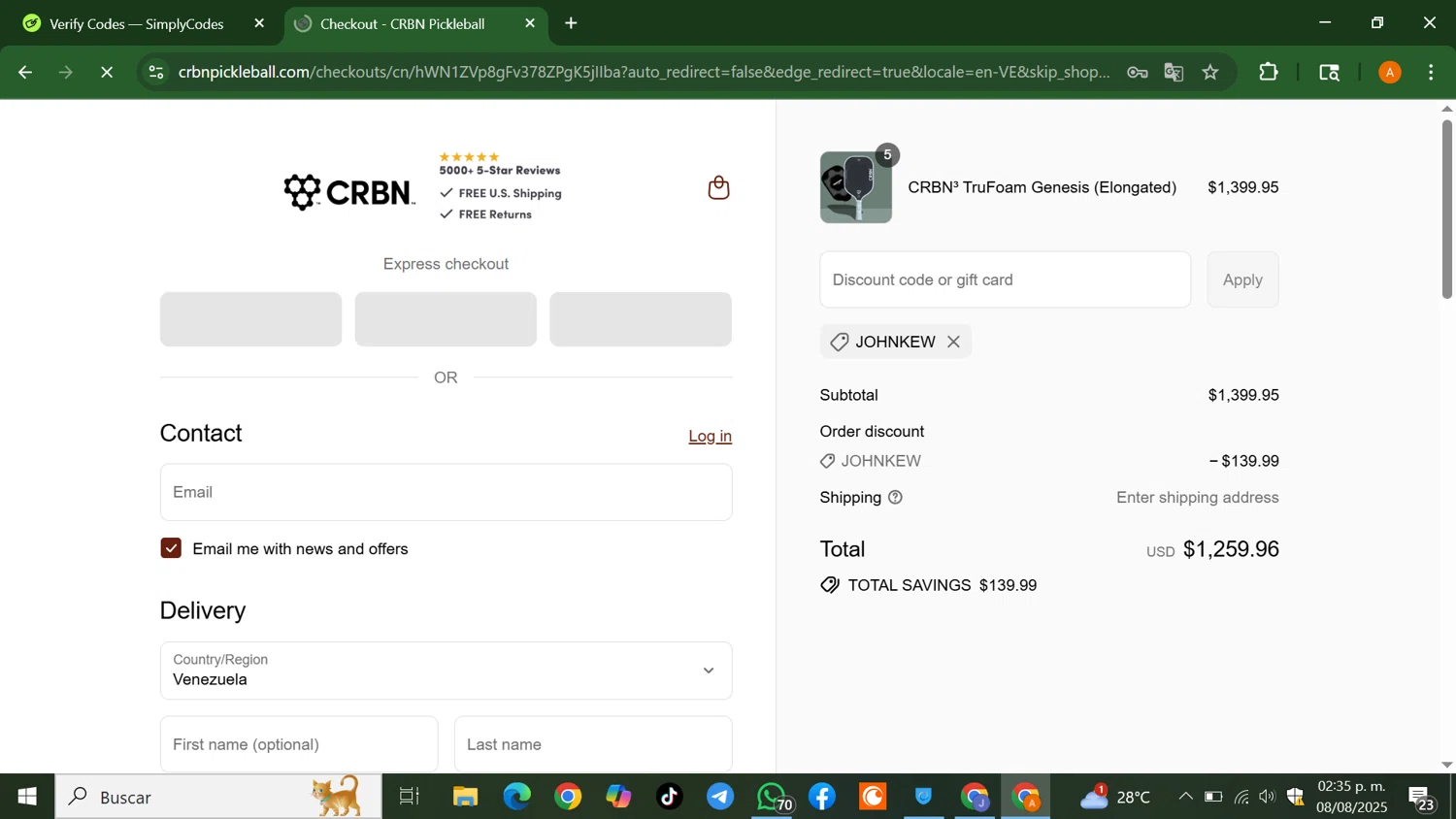 CRBN Pickleball discount code screenshot showing code JOHNKEW applied at CRBN Pickleball checkout page. Uploaded by SimplyCodes community member AlfredoBonifacio on Aug 8, 2025