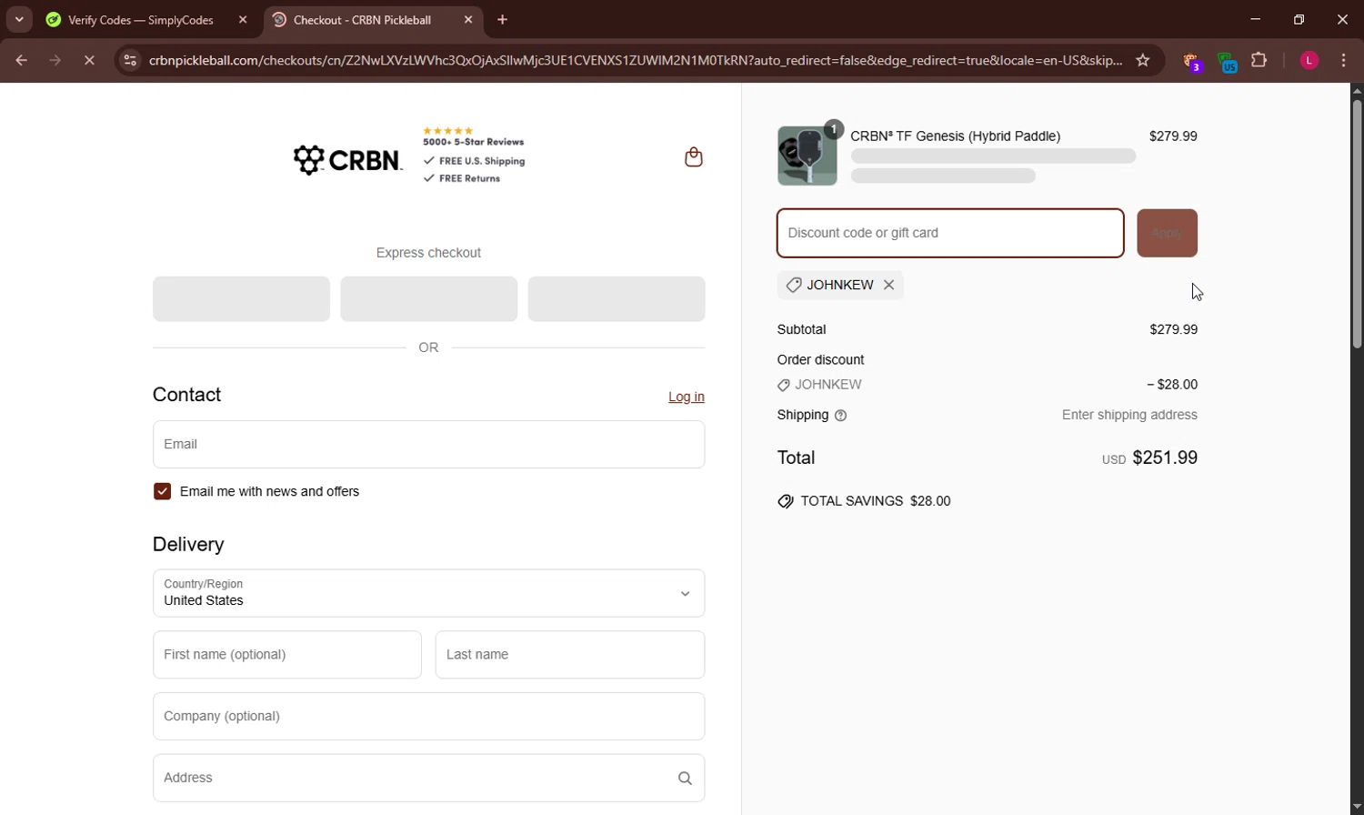 CRBN Pickleball discount code screenshot showing code JOHNKEW applied at CRBN Pickleball checkout page. Uploaded by SimplyCodes community member LlonardoLotes on Apr 4, 2025