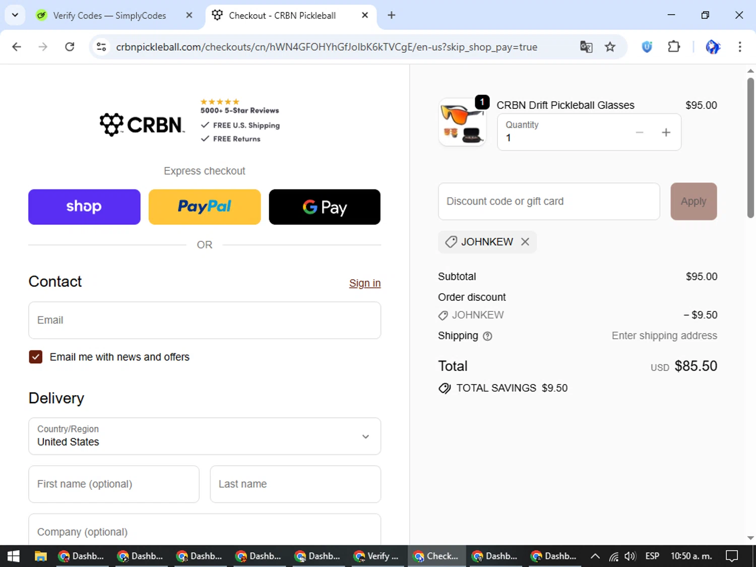 CRBN Pickleball discount code screenshot showing code JOHNKEW applied at CRBN Pickleball checkout page. Uploaded by SimplyCodes community member WiseHunter8213 on Oct 18, 2025