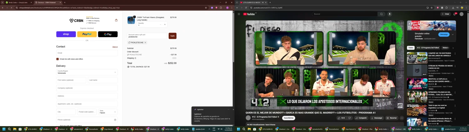 CRBN Pickleball discount code screenshot showing code pickletechie applied at CRBN Pickleball checkout page. Uploaded by SimplyCodes community member PennyWizard1195 on Oct 14, 2025