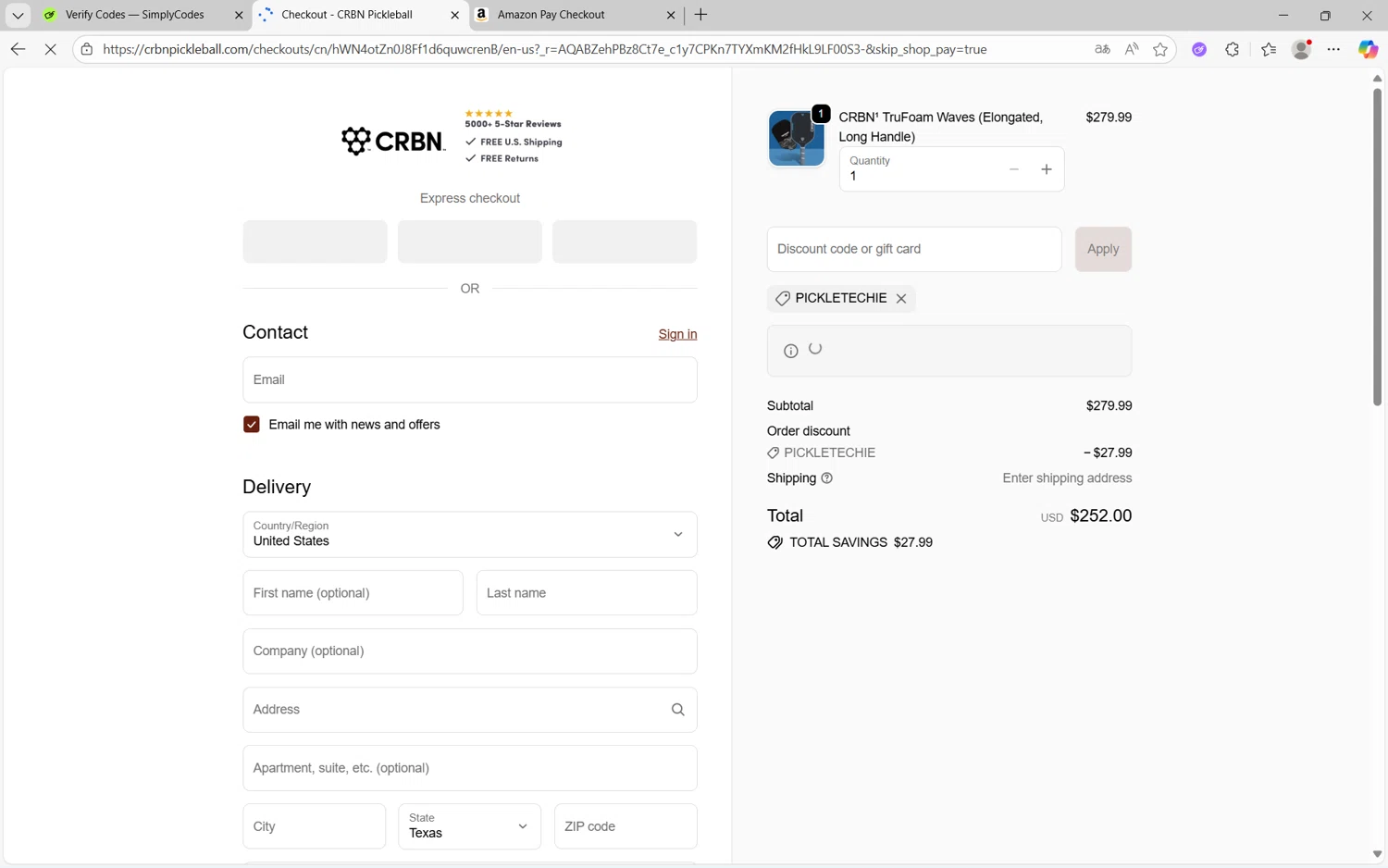 CRBN Pickleball discount code screenshot showing code pickletechie applied at CRBN Pickleball checkout page. Uploaded by SimplyCodes community member Yuyu12 on Nov 2, 2025
