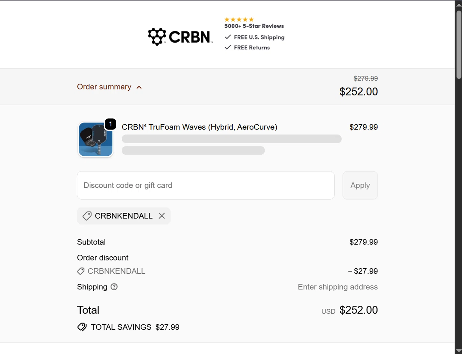 CRBN Pickleball discount code screenshot showing code CRBNKENDALL applied at CRBN Pickleball checkout page. Uploaded by SimplyCodes community member ValiantLion5897 on Oct 14, 2025