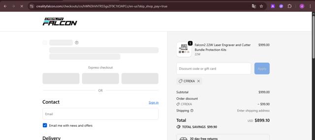 CrealityFalcon checkout page showing CrealityFalcon promo code box | Screenshot taken by SimplyCodes community member on Oct 3, 2025