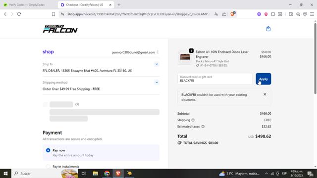 CrealityFalcon checkout page showing CrealityFalcon promo code box | Screenshot taken by SimplyCodes community member on Oct 3, 2025