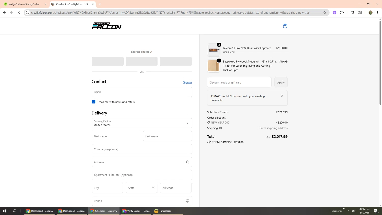 CrealityFalcon promo code screenshot showing code A1MA25 applied at CrealityFalcon checkout page. Uploaded by SimplyCodes community member Phoenix585 on Jan 8, 2026