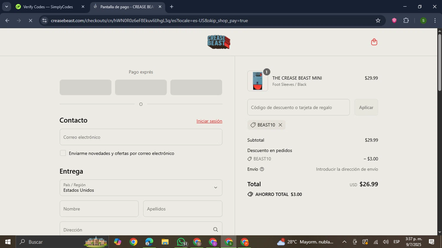 Crease Beast discount code screenshot showing code BEAST10 applied at Crease Beast checkout page. Uploaded by SimplyCodes community member RewardMaverick445 on Jul 9, 2025
