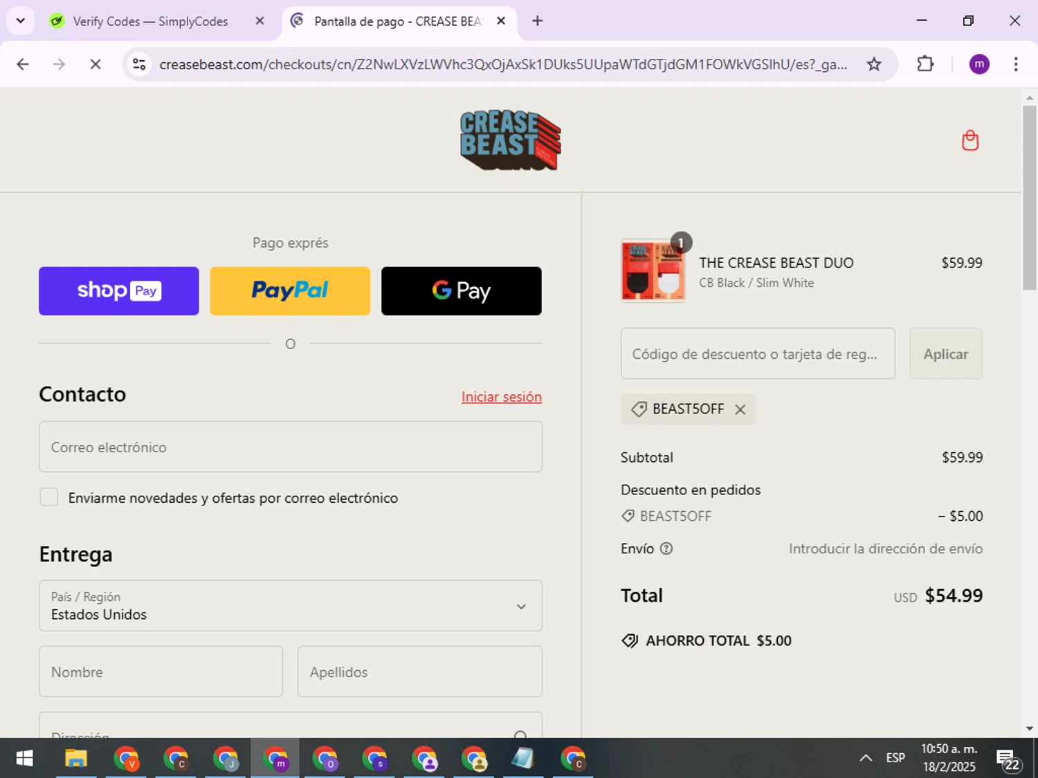 Crease Beast discount code screenshot showing code BEAST5OFF applied at Crease Beast checkout page. Uploaded by SimplyCodes community member JeffDiaz on Feb 18, 2025