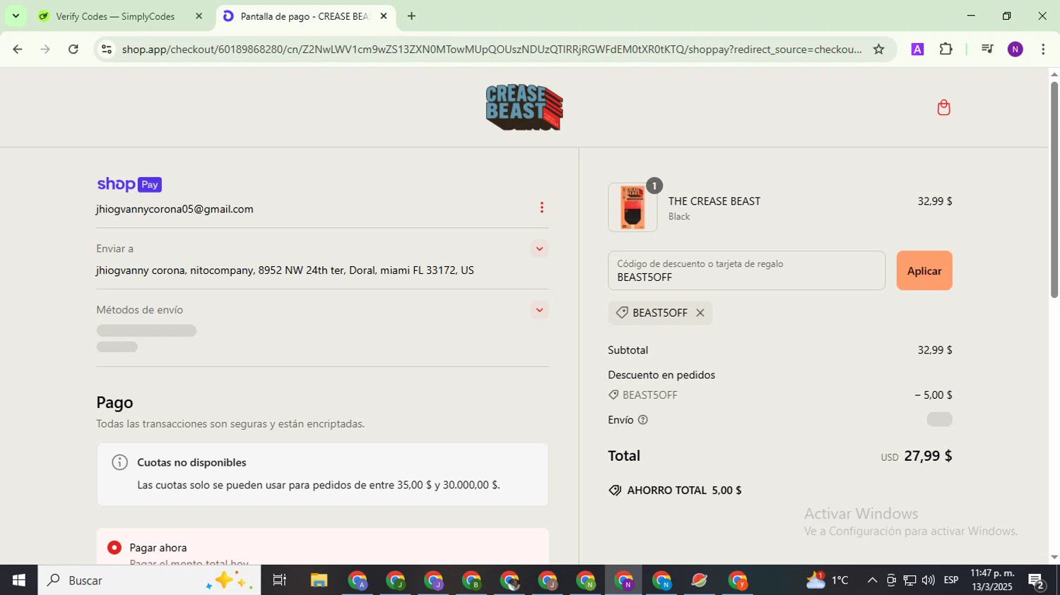 Crease Beast discount code screenshot showing code BEAST5OFF applied at Crease Beast checkout page. Uploaded by SimplyCodes community member QuestOwl9632 on Mar 14, 2025