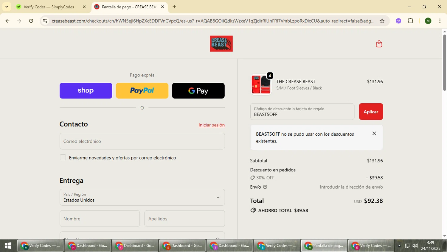 Crease Beast discount code screenshot showing code BEAST5OFF applied at Crease Beast checkout page. Uploaded by SimplyCodes community member loversuper on Nov 24, 2025