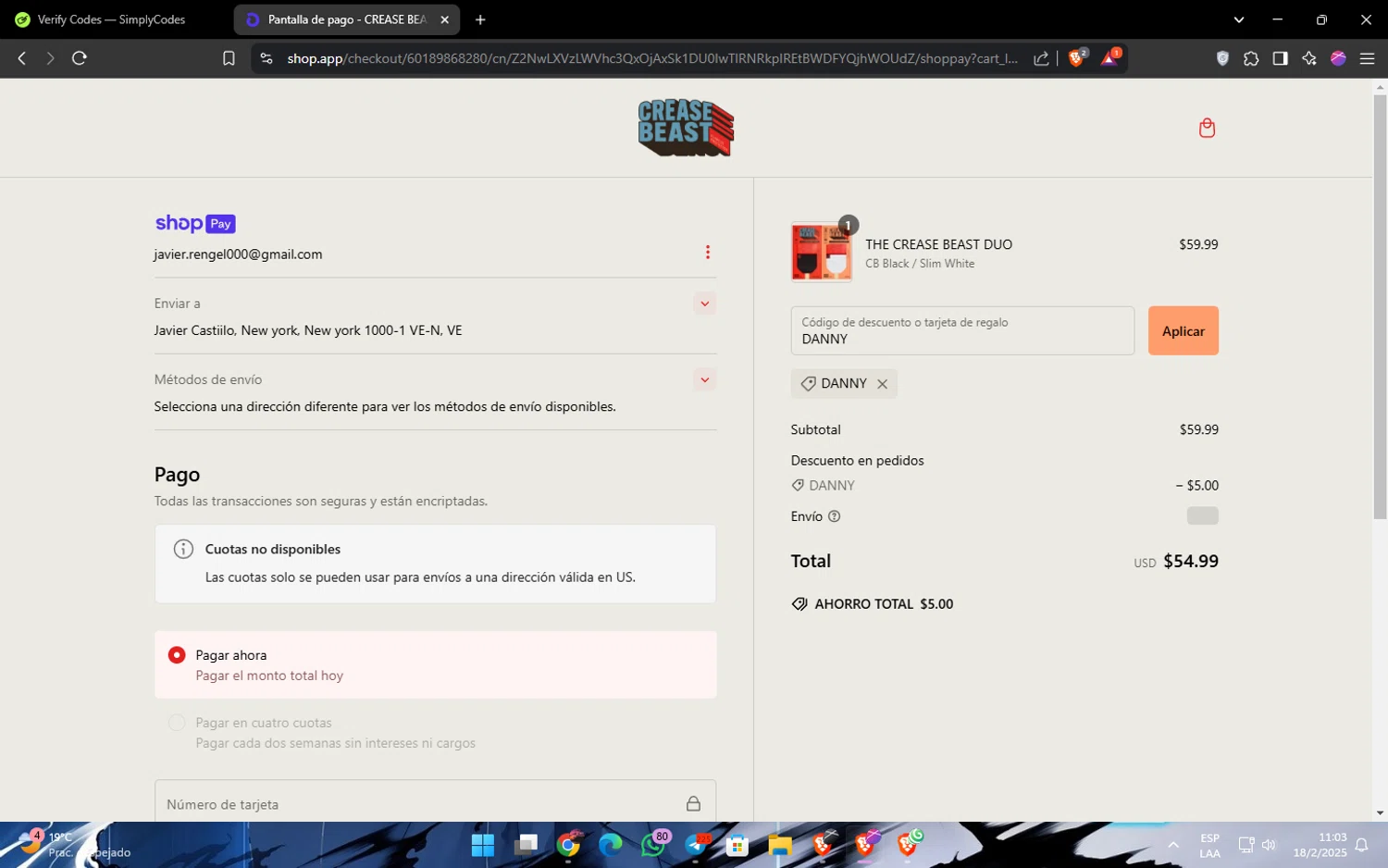 Crease Beast discount code screenshot showing code DANNY applied at Crease Beast checkout page. Uploaded by SimplyCodes community member JavinhoSantos on Feb 18, 2025
