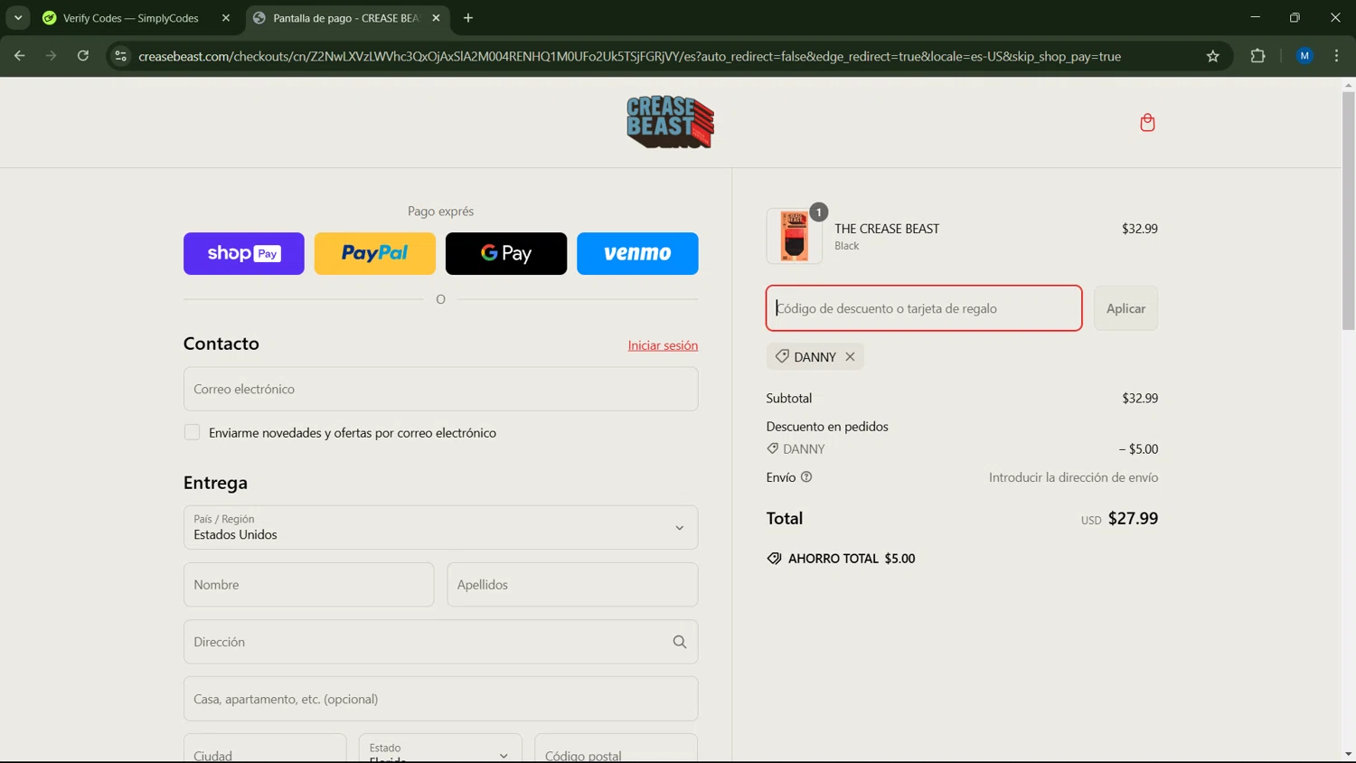 Crease Beast discount code screenshot showing code DANNY applied at Crease Beast checkout page. Uploaded by SimplyCodes community member ScanNavigator5190 on Mar 12, 2025