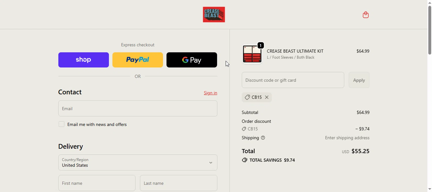 Crease Beast discount code screenshot showing code CB15 applied at Crease Beast checkout page. Uploaded by SimplyCodes community member armalissolorzano1 on Nov 8, 2025