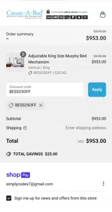 Create A Bed coupon verification screenshot