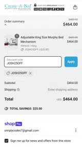 Create A Bed coupon verification screenshot