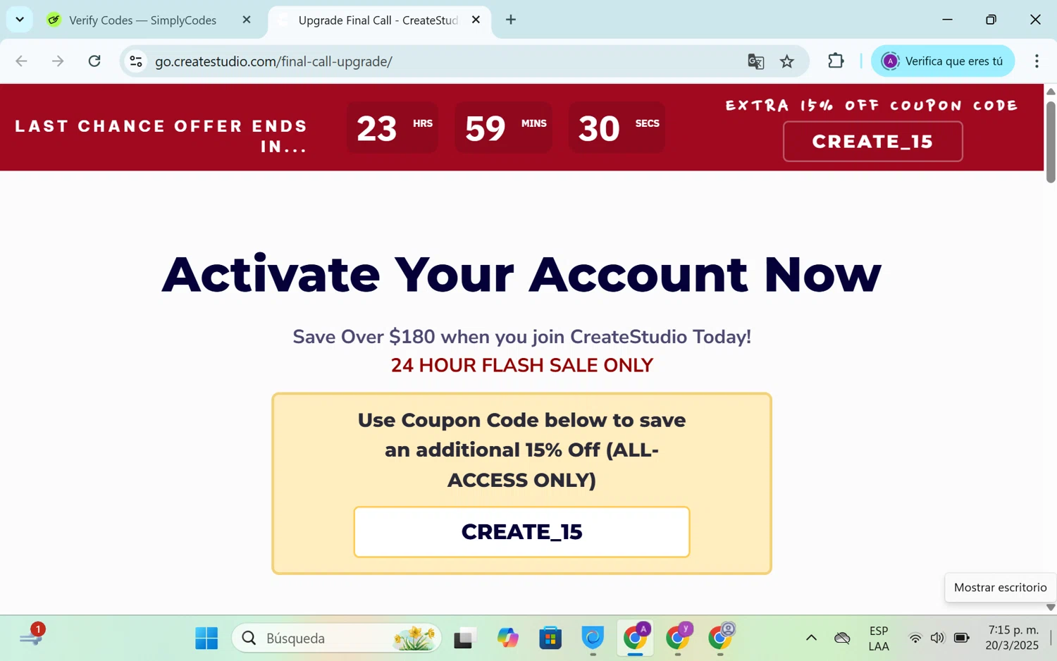 Create Studio checkout page showing Create Studio discount code box | Screenshot taken by SimplyCodes community member on Mar 20, 2025
