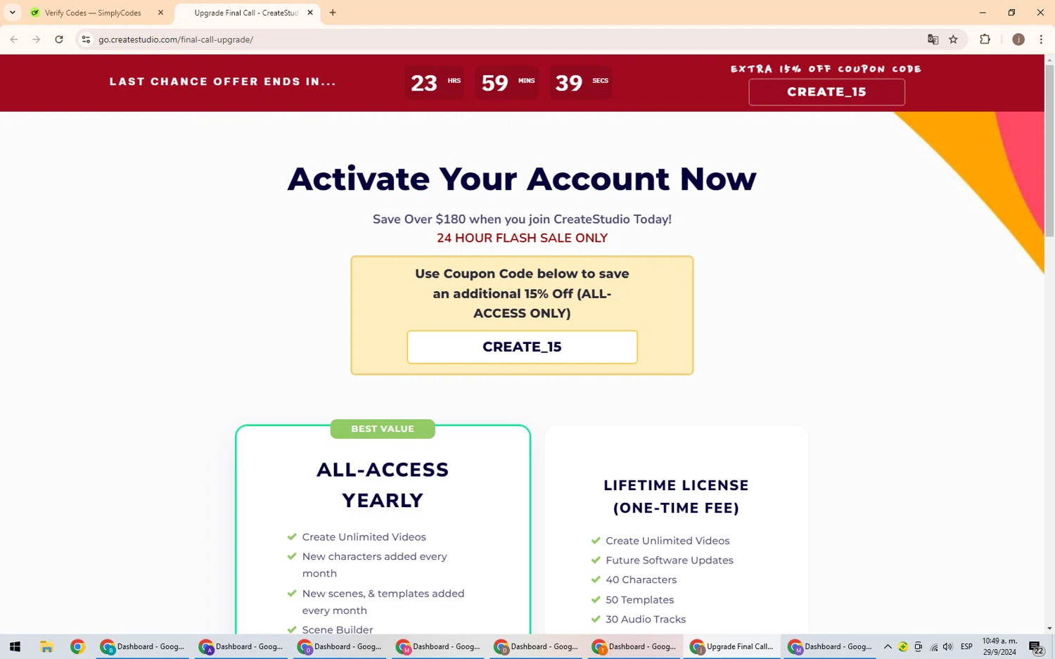 Create Studio checkout page showing Create Studio discount code box | Screenshot taken by SimplyCodes community member on Sep 29, 2024