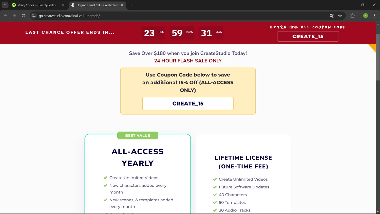 Create Studio checkout page showing Create Studio discount code box | Screenshot taken by SimplyCodes community member on Oct 9, 2024
