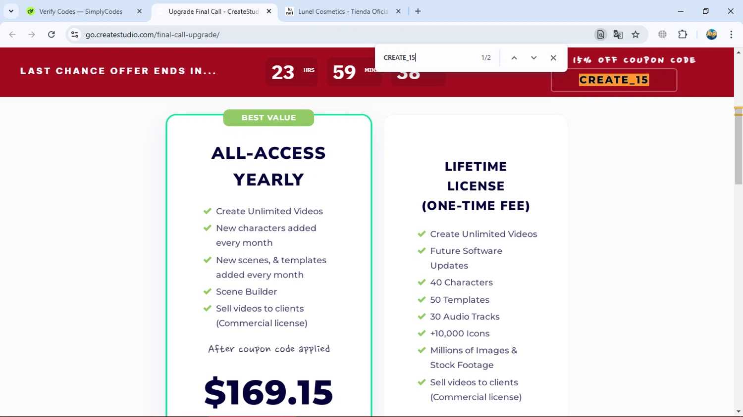 Create Studio checkout page showing Create Studio discount code box | Screenshot taken by SimplyCodes community member on Nov 7, 2024