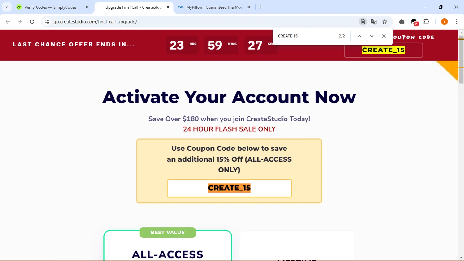 Create Studio checkout page showing Create Studio discount code box | Screenshot taken by SimplyCodes community member on Mar 1, 2025