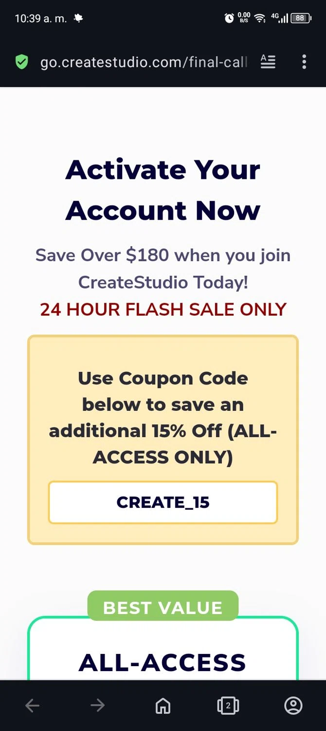Create Studio checkout page showing Create Studio discount code box | Screenshot taken by SimplyCodes community member on Sep 29, 2024