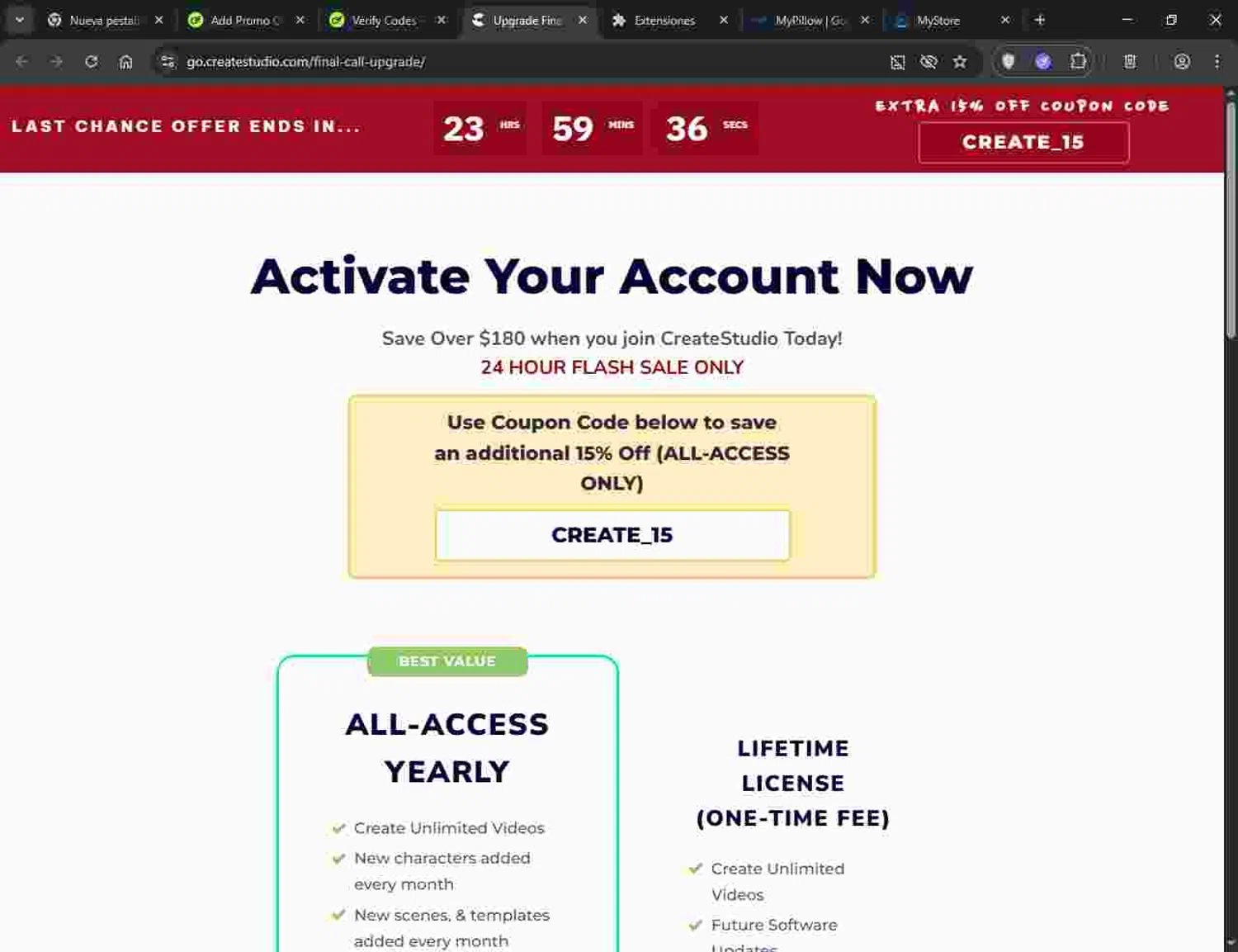Create Studio discount code screenshot showing code CRETE_15 applied at Create Studio checkout page. Uploaded by SimplyCodes community member Deadpool on Oct 6, 2025