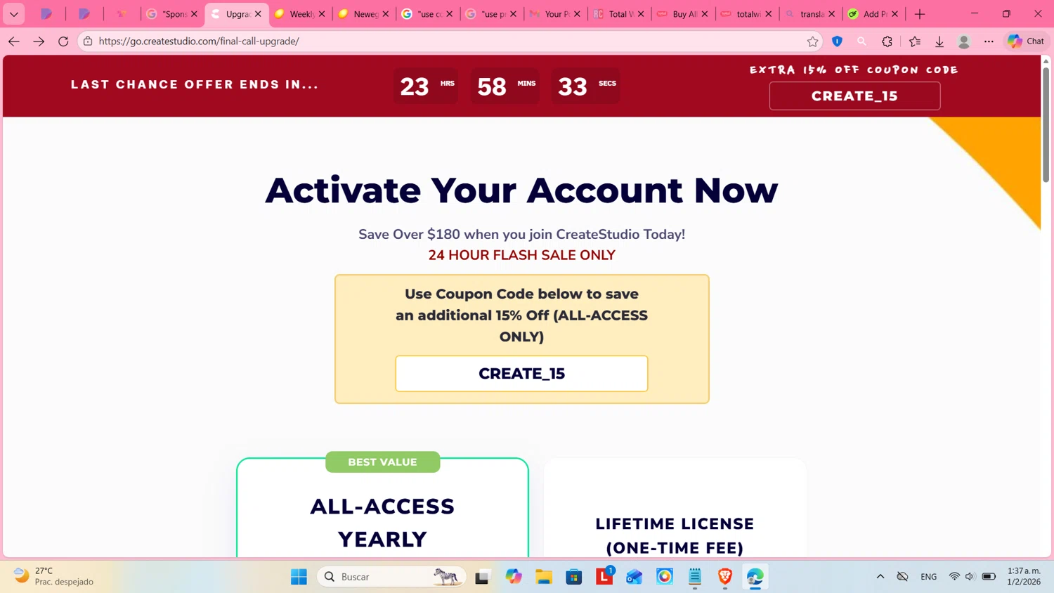 Create Studio discount code screenshot showing code CREATE_15 applied at Create Studio checkout page. Uploaded by SimplyCodes community member cosita on Feb 1, 2026