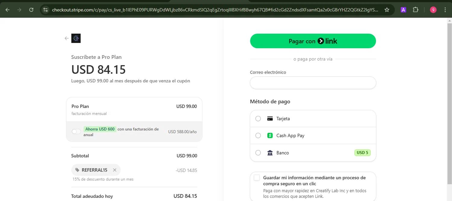 Creatify AI coupon code screenshot showing code REFERRAL15 applied at Creatify AI checkout page. Uploaded by SimplyCodes community member MoneyFalcon481 on Jan 14, 2025