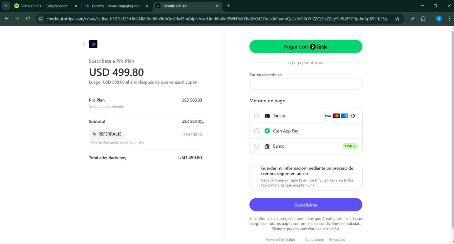 Creatify AI coupon code screenshot showing code REFERRAL15 applied at Creatify AI checkout page. Uploaded by SimplyCodes community member _____________ on Mar 3, 2025