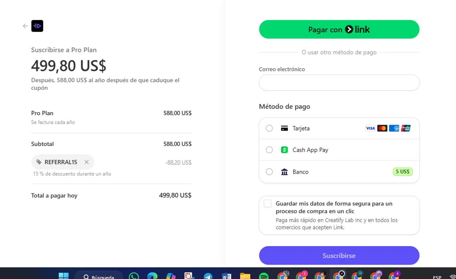 Creatify AI coupon code screenshot showing code REFERRAL15 applied at Creatify AI checkout page. Uploaded by SimplyCodes community member FrugalVirtuoso6318 on Apr 11, 2025