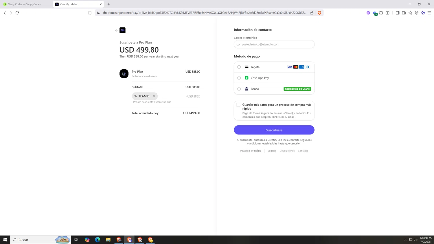 Creatify AI coupon code screenshot showing code TEAM15 applied at Creatify AI checkout page. Uploaded by SimplyCodes community member Hasta_El_Final on Sep 8, 2025