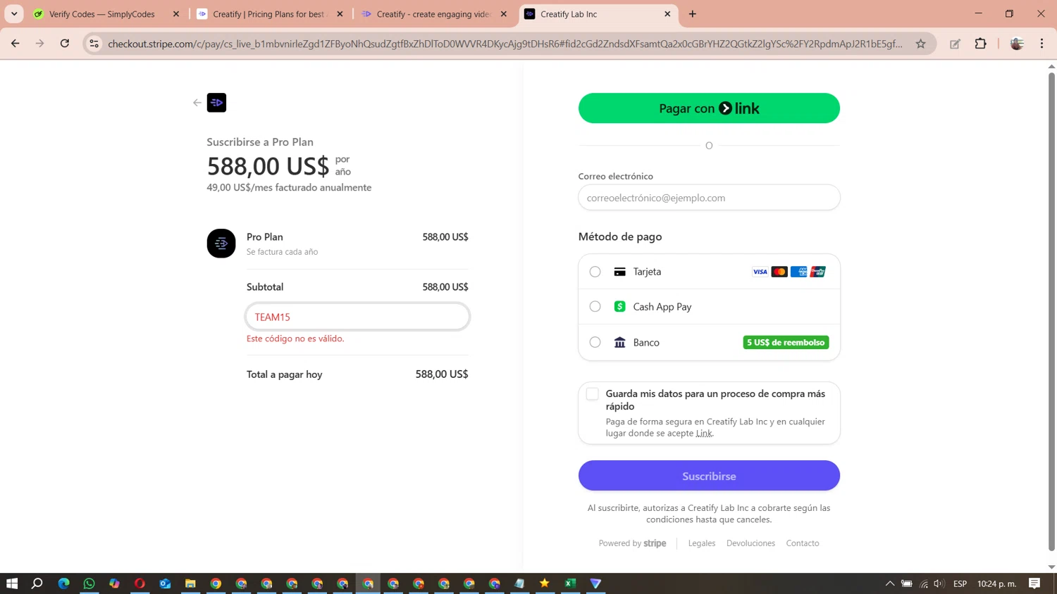 Creatify AI coupon code screenshot showing code TEAM15 applied at Creatify AI checkout page. Uploaded by SimplyCodes community member MariAPB on Sep 8, 2025