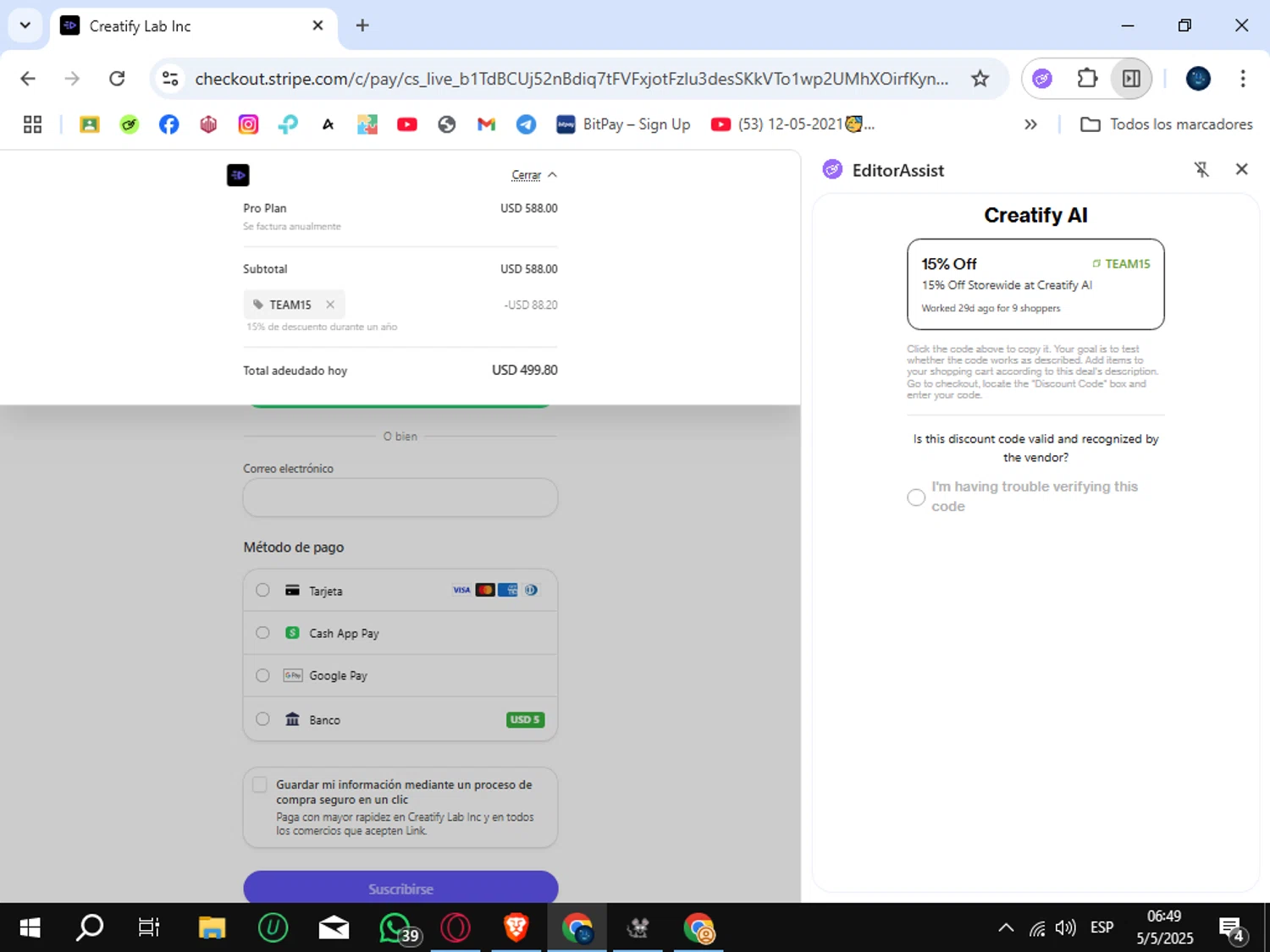 Creatify AI coupon code screenshot showing code TEAM15 applied at Creatify AI checkout page. Uploaded by SimplyCodes community member SunJinWoo on May 5, 2025