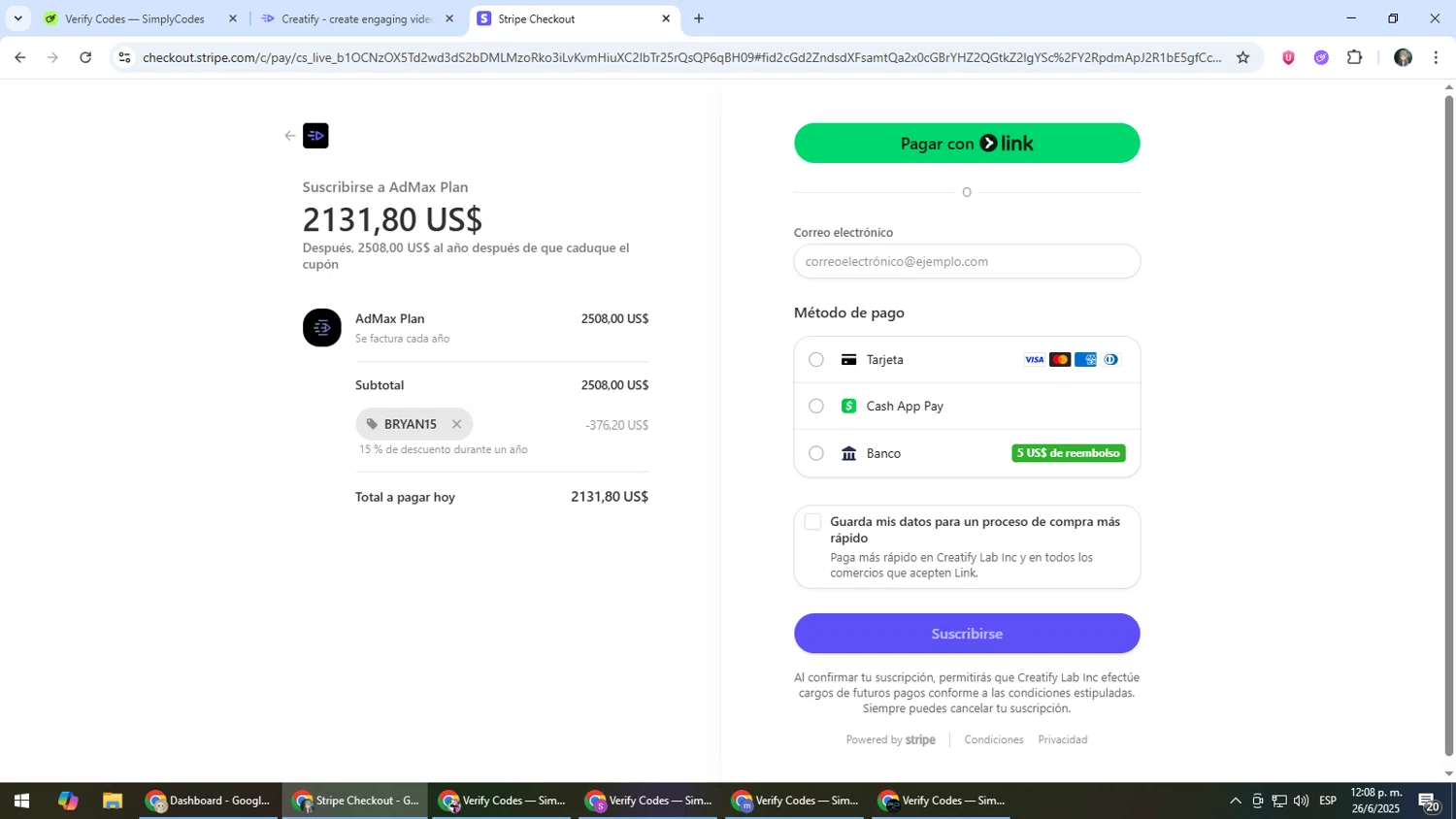 Creatify AI coupon code screenshot showing code BRYAN15 applied at Creatify AI checkout page. Uploaded by SimplyCodes community member CleverLynx6871 on Jun 26, 2025