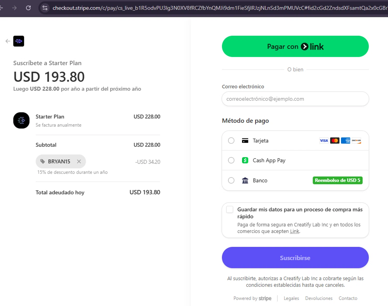 Creatify AI coupon code screenshot showing code BRYAN15 applied at Creatify AI checkout page. Uploaded by SimplyCodes community member MoneySage8222 on Oct 1, 2025