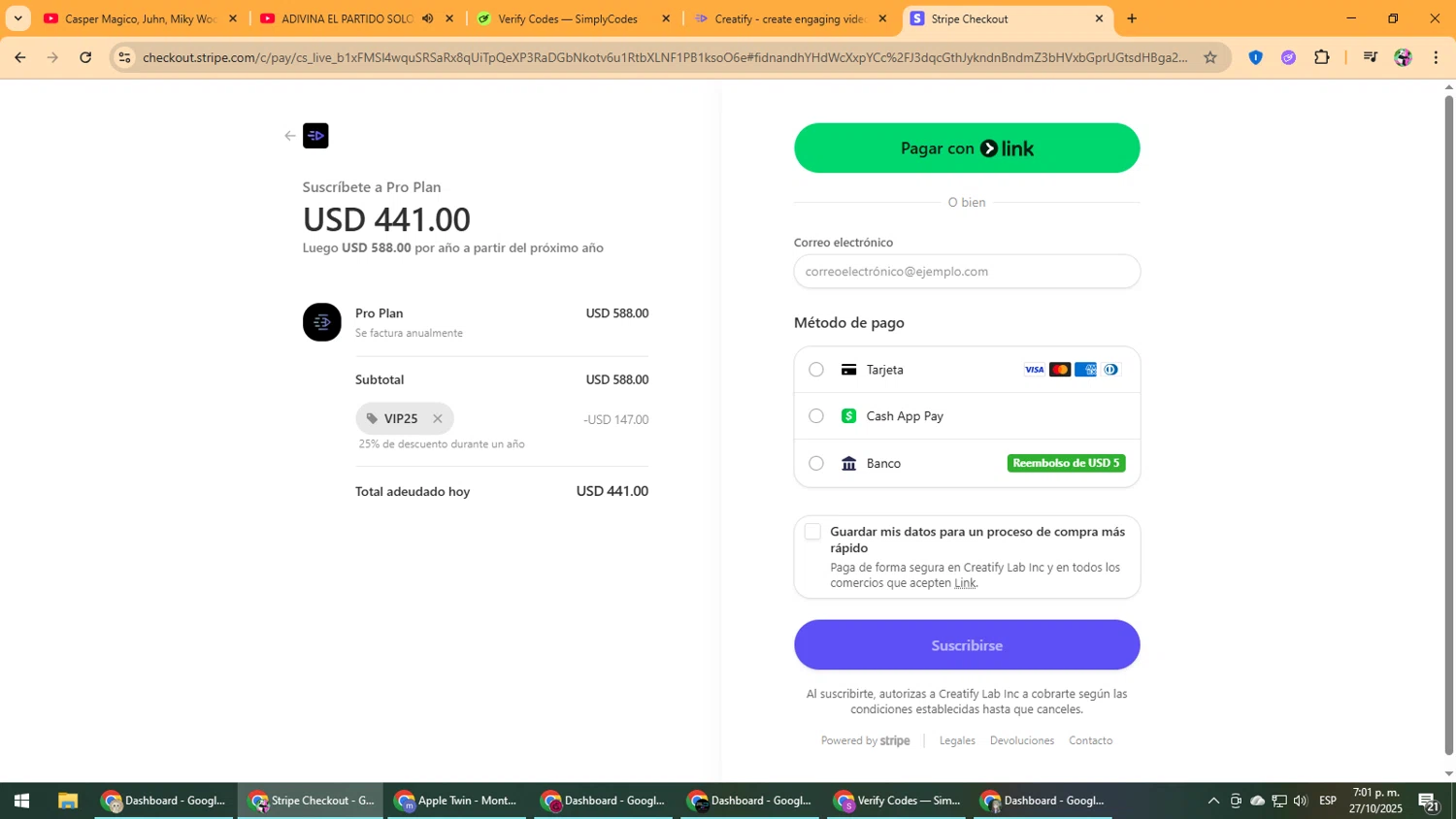 Creatify AI coupon code screenshot showing code VIP25 applied at Creatify AI checkout page. Uploaded by SimplyCodes community member Vanmanuel on Oct 27, 2025