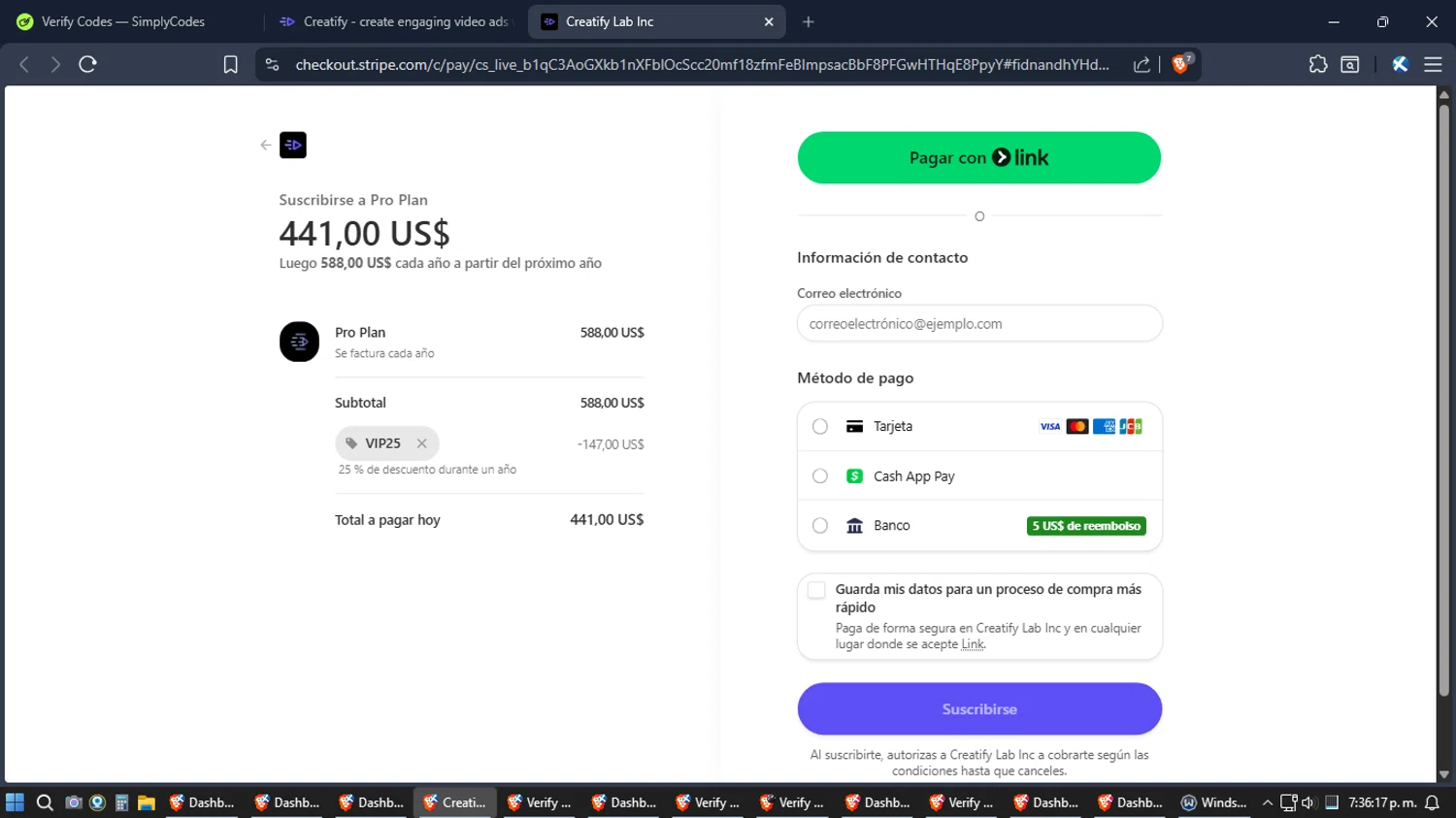 Creatify AI checkout page showing Creatify AI coupon code box | Screenshot taken by SimplyCodes community member on Jan 25, 2026