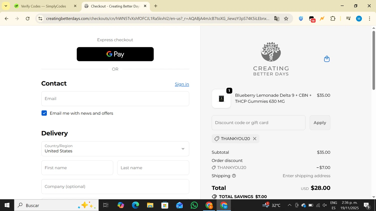 Creating Better Days discount code screenshot showing code THANKYOU20 applied at Creating Better Days checkout page. Uploaded by SimplyCodes community member LegendaryAce4371 on Nov 19, 2025