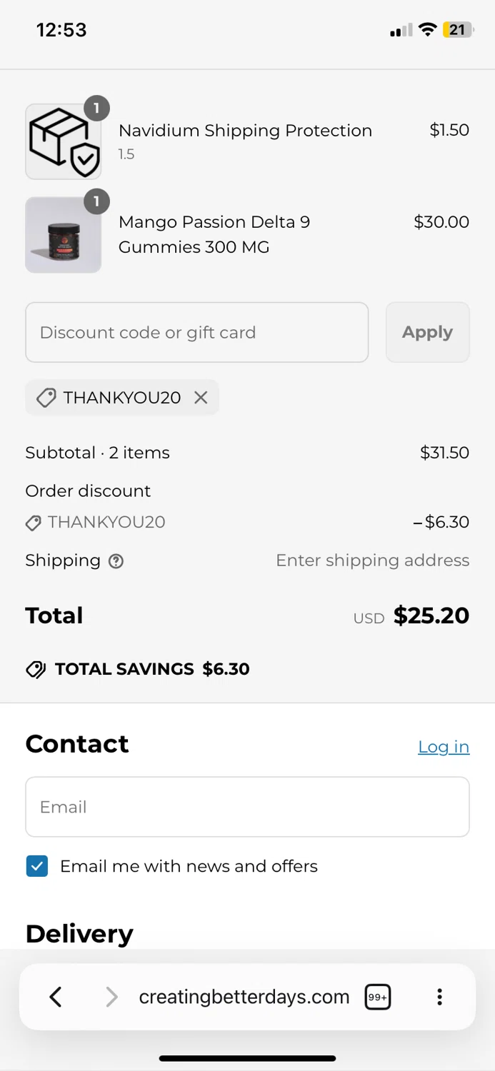 Creating Better Days discount code screenshot showing code THANKYOU20 applied at Creating Better Days checkout page. Uploaded by SimplyCodes community member Santiagotremont on Apr 25, 2025