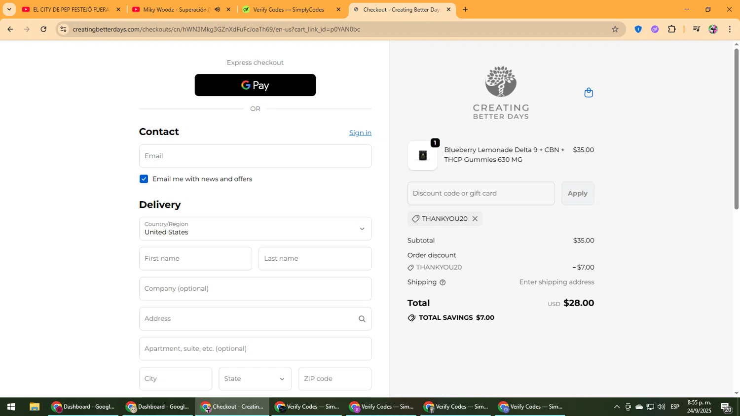 Creating Better Days discount code screenshot showing code THANKYOU20 applied at Creating Better Days checkout page. Uploaded by SimplyCodes community member Vanmanuel on Sep 25, 2025