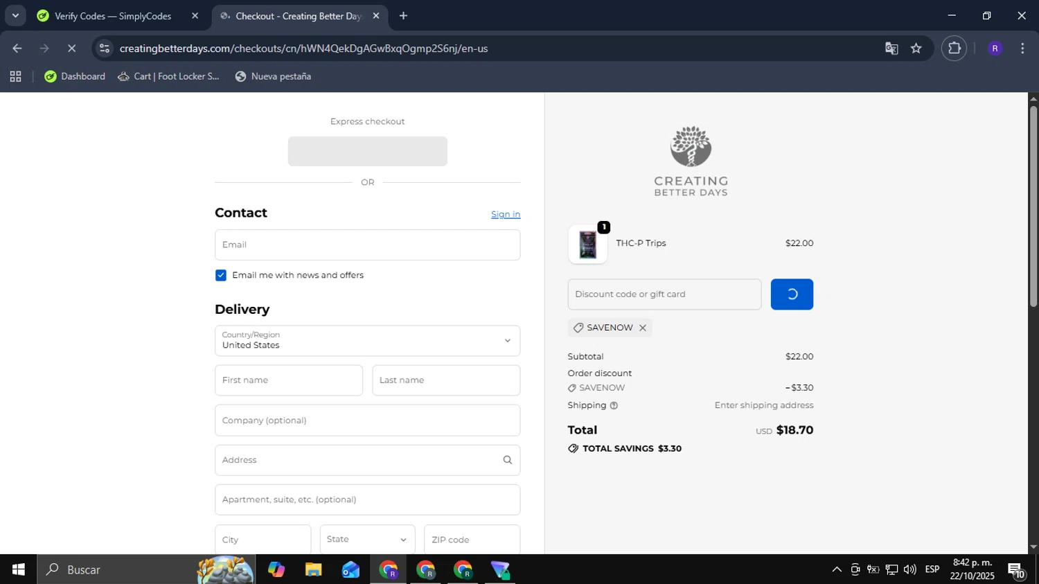 Creating Better Days discount code screenshot showing code SAVENOW applied at Creating Better Days checkout page. Uploaded by SimplyCodes community member Mykeusername on Oct 23, 2025