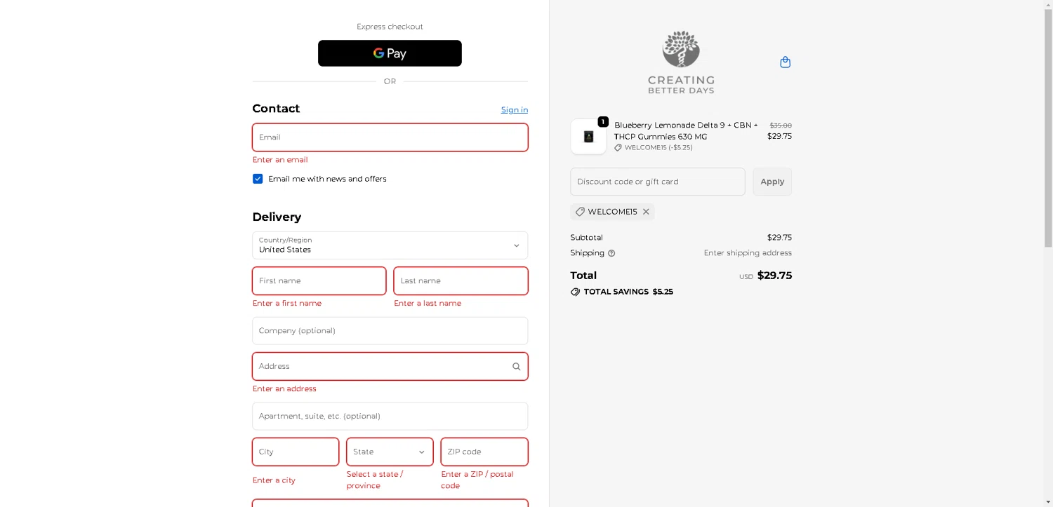 Creating Better Days discount code screenshot showing code WELCOME15 applied at Creating Better Days checkout page. Uploaded by SimplyCodes community member ExtraordinaryMaven3628 on Nov 14, 2025
